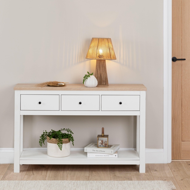 Console Table Two-Tone Design Three Drawers Open Lower Shelf