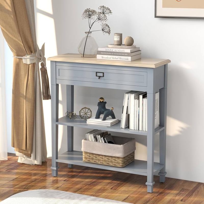 Console Table Two Tone Finish Bluish Grey Narrow Table With Storage