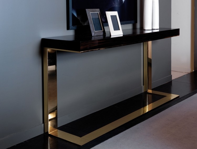Console Table, U-Frame Base, Glossy Dark Top, Thick Edge Design.