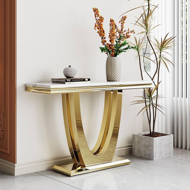 Console Table U-Shaped Base Polished Gold Marble Glam