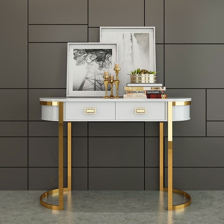 Console Table U-Shaped Gold Base Curved White Frame Two Drawers