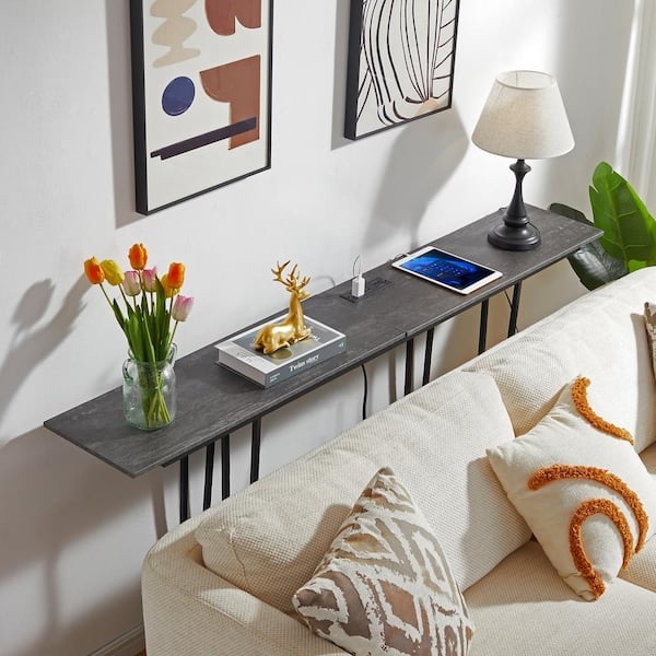Console Table Ultra Narrow Gray Wood Built-In Outlets Behind Sofa Decor