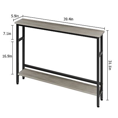 Console Table Ultra Narrow Skinny Depth Two Tier Metal Grey Wood Toned