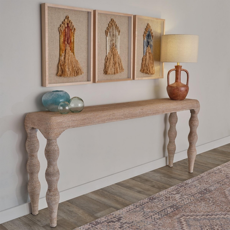 Console Table Undulating Legs Woven Fiber Finish Slim Profile Beige
