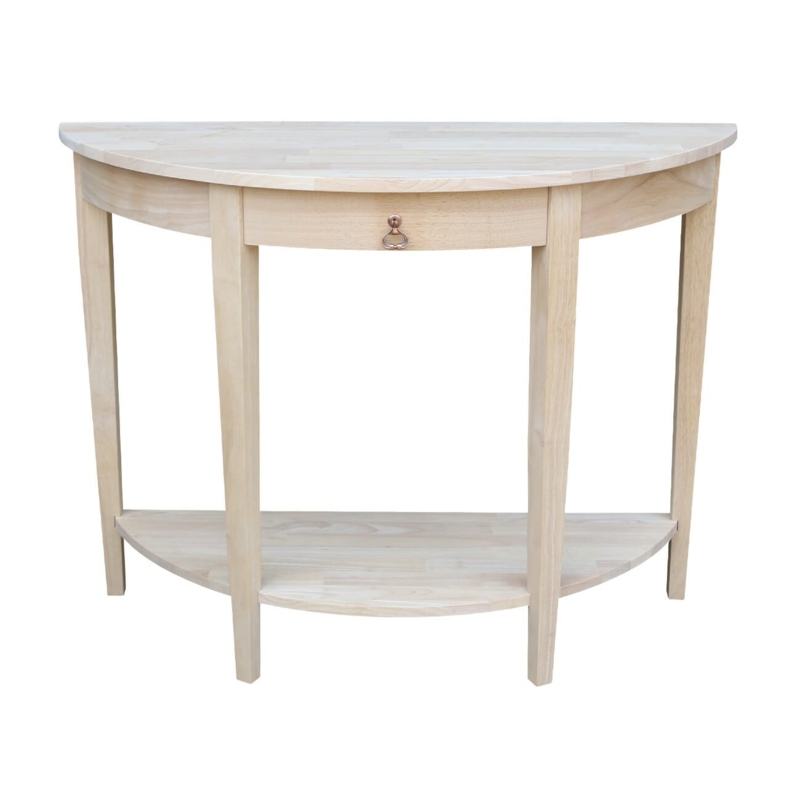 Console Table Unfinished Wood Demilune Single Drawer Bottom Shelf