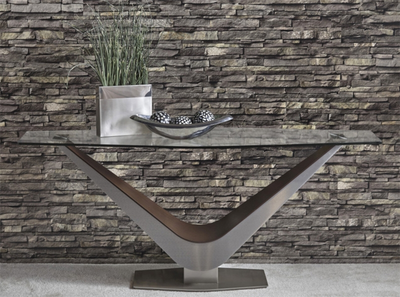 Console Table, V-Shaped Base, Glass Top, Brushed Metal, Contemporary.