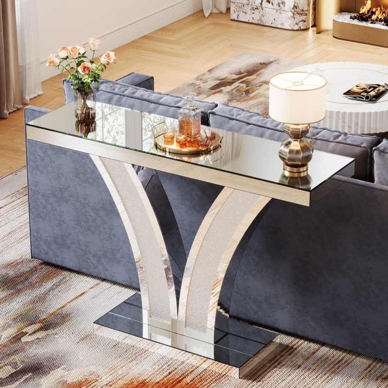 Console Table V-Shaped Base Shimmering Textured Panels Glam