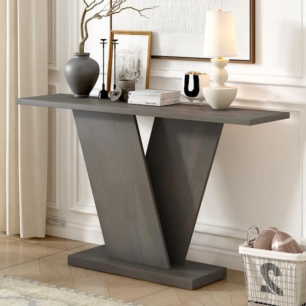 Console Table V Shaped Pedestal Base Rectangular Top Modern Wood Finish