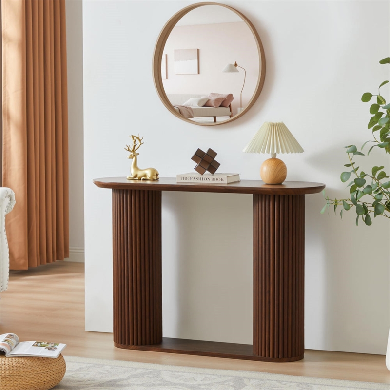 Console Table Walnut Finish Fluted Pillar Legs Oval Top