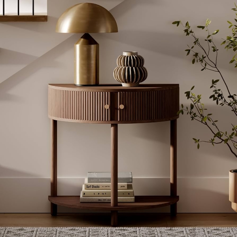 Console Table Walnut Fluted Doors with Brass Knobs for Entryway