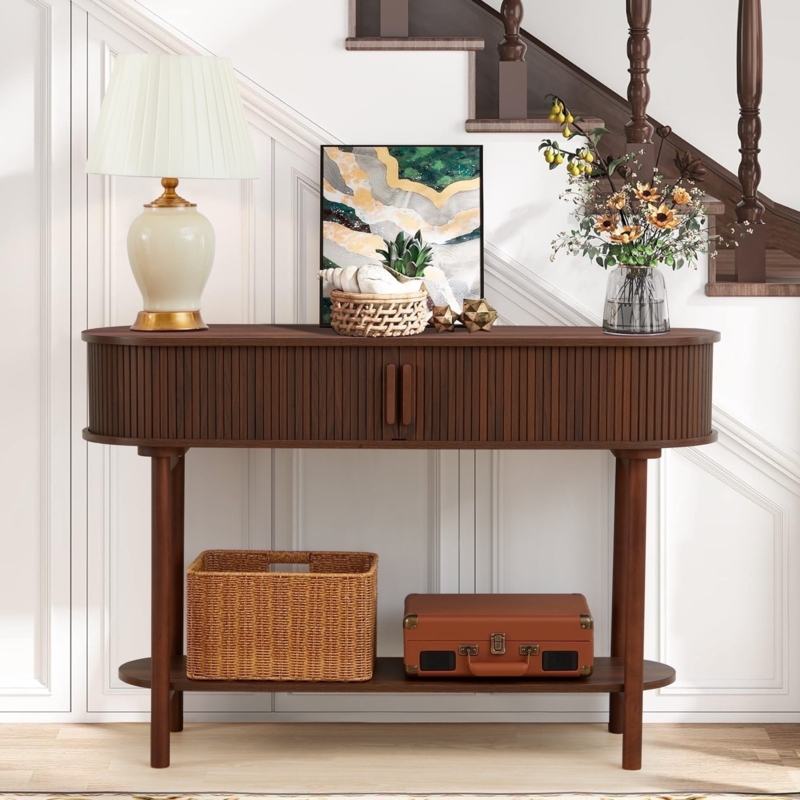 Console Table Walnut Oval Silhouette Sliding Doors Ribbed Front