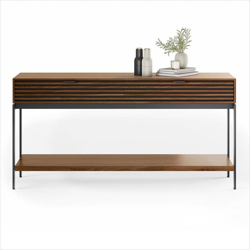Console Table Walnut Slatted Front Black Metal Industrial Shelf