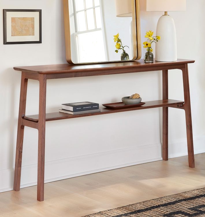 Console Table Walnut Tapered Legs Lower Shelf Rounded Edges