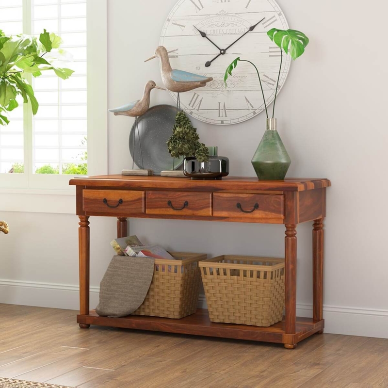 Console Table Warm Brown Baluster Legs Three Drawers Rustic Style