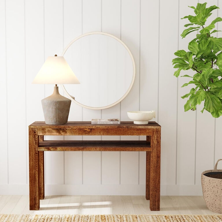 Console Table Warm Brown Wood Block Legs Open Shelf Earthy