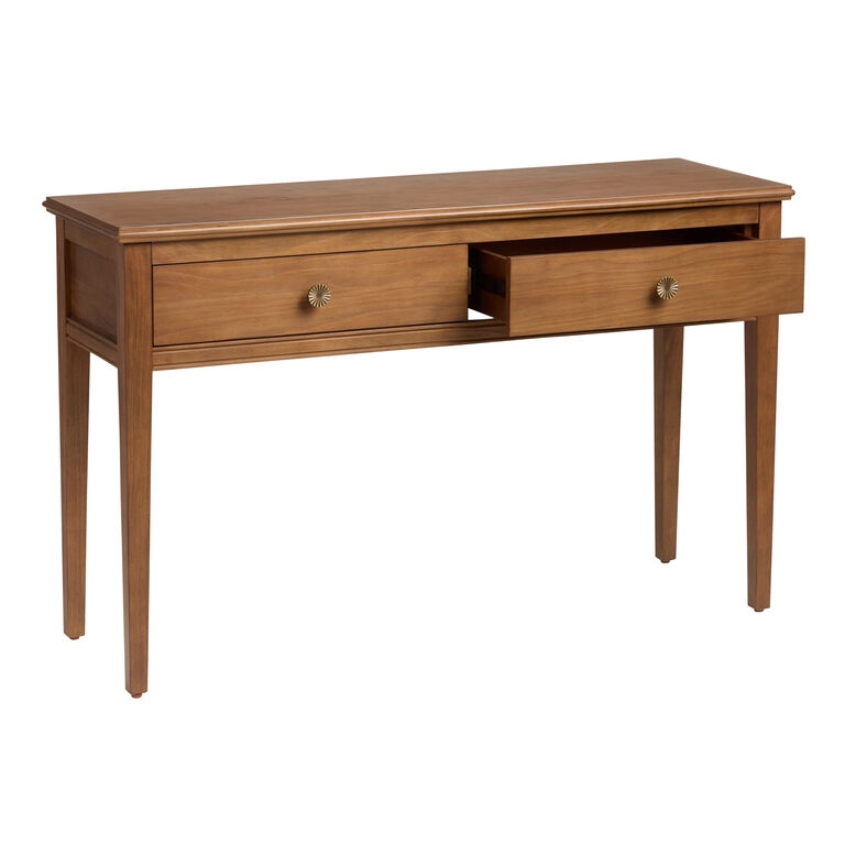 Console Table Warm Chestnut Tone Ornate Knobs Tapered Legs