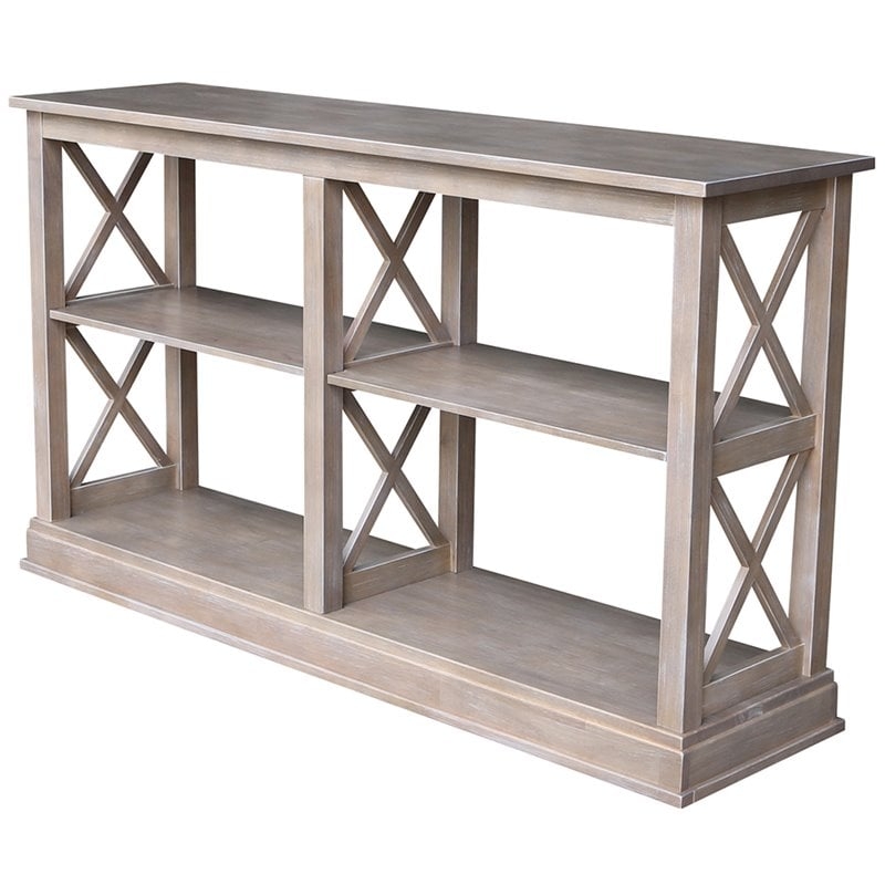 Console Table Washed Gray X Brace Sides Stepped Block Base Rustic Style