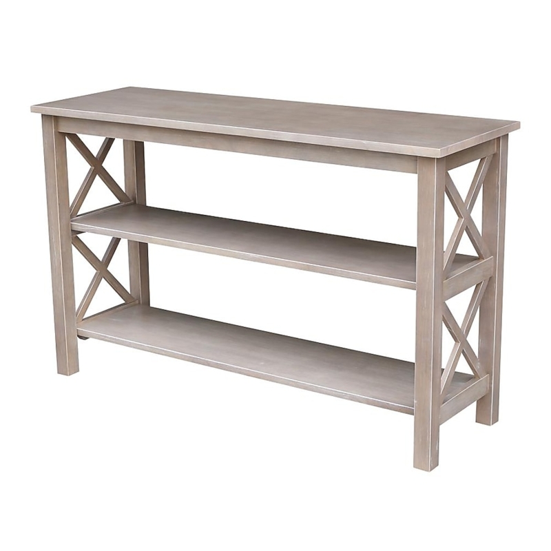 Console Table Washed Gray X Brace Sides Three Tier Shelving Coastal Style