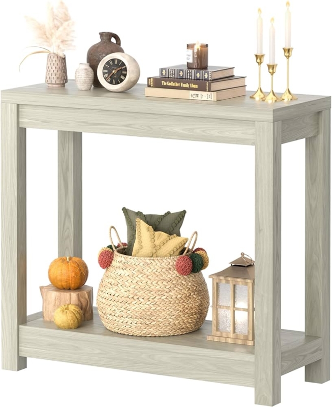 Console Table Washed Oak Finish Block Legs Open Bottom Shelf
