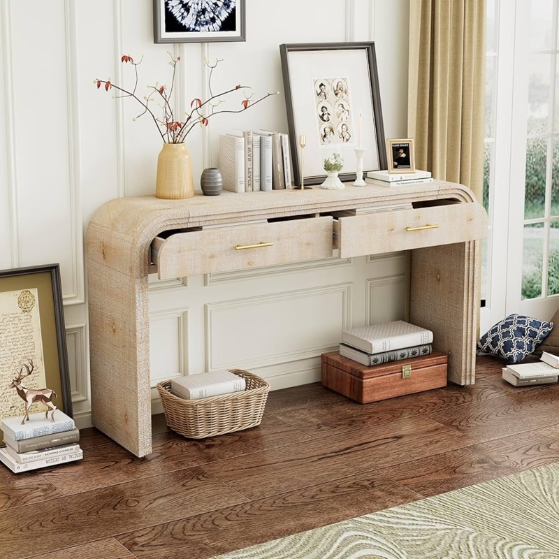 Console Table Waterfall Silhouette Textured Wash Gold Accents Two Drawers
