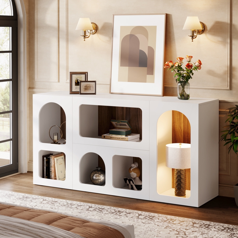 Console Table White Arched Cubbies Wood Lined Interiors Modern