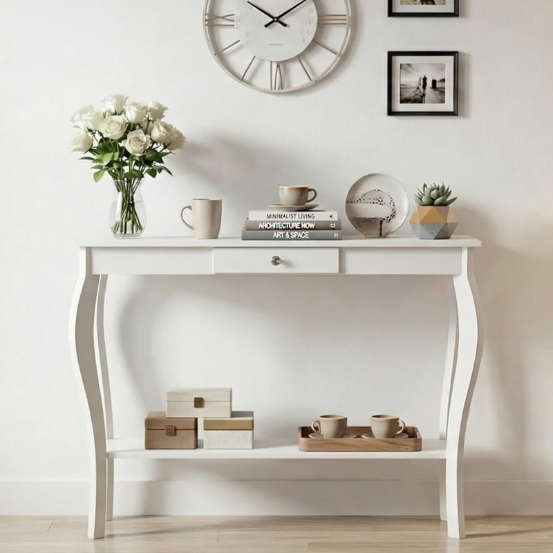 Console Table White Curved Cabriole Legs Narrow Single Drawer