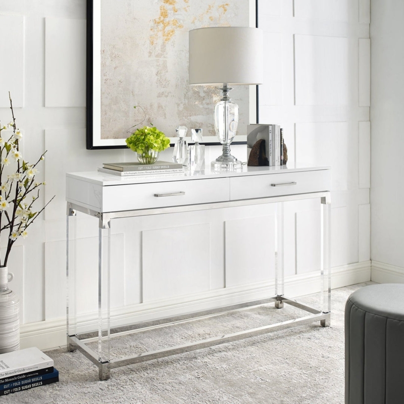 Console Table White High Gloss Acrylic Legs Chrome Bar Pulls Modern
