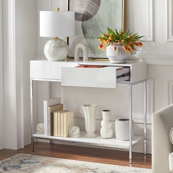 Console Table White High Gloss Chrome Frame Minimalist Storage Solution