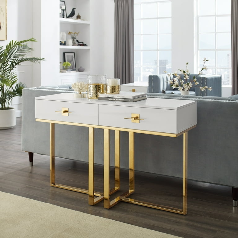 Console Table White High Gloss Interlocking Gold Base Chic Sofa Back