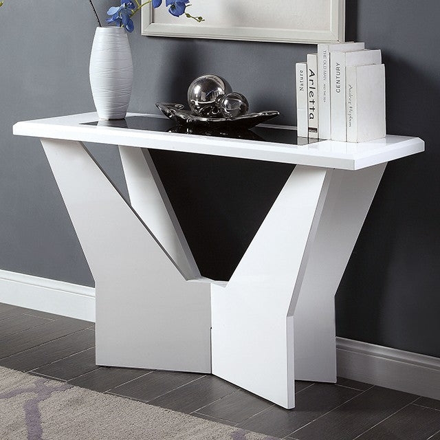 Console Table White High Gloss V Shaped Base Black Glass Insert Geometric