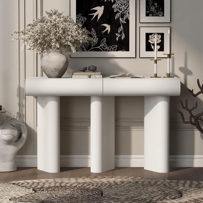 Console Table White Matte Finish Pillared Legs Curved Drawers Sculptural