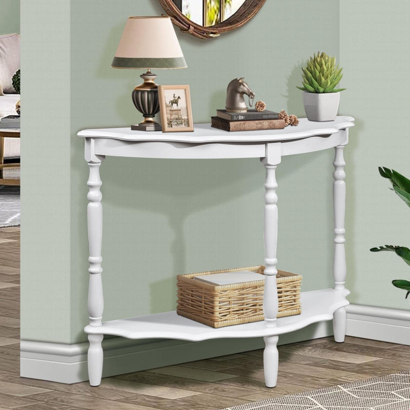 Console Table White Scalloped Cloud Trim Turned Legs Open Shelf