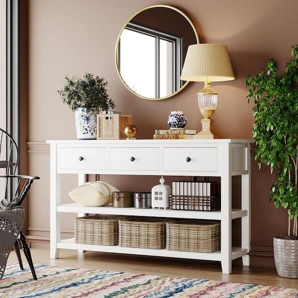 Console Table White Three Drawers Two Shelves Transitional Style