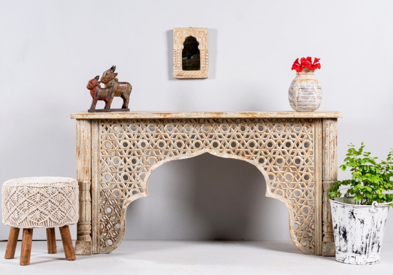 Console Table Whitewashed Arched Opening Geometric Carved Global