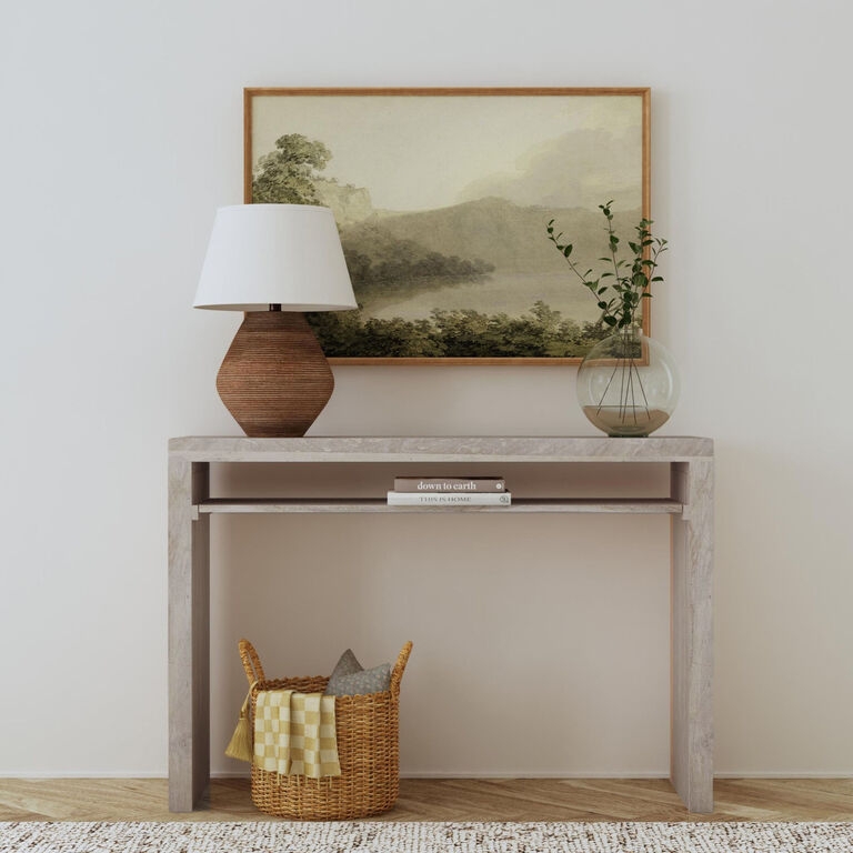 Console Table Whitewashed Blocky Frame Open Shelf Organic Modern