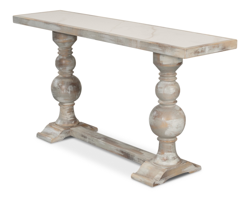 Console Table Whitewashed Double Pedestal Stone Top