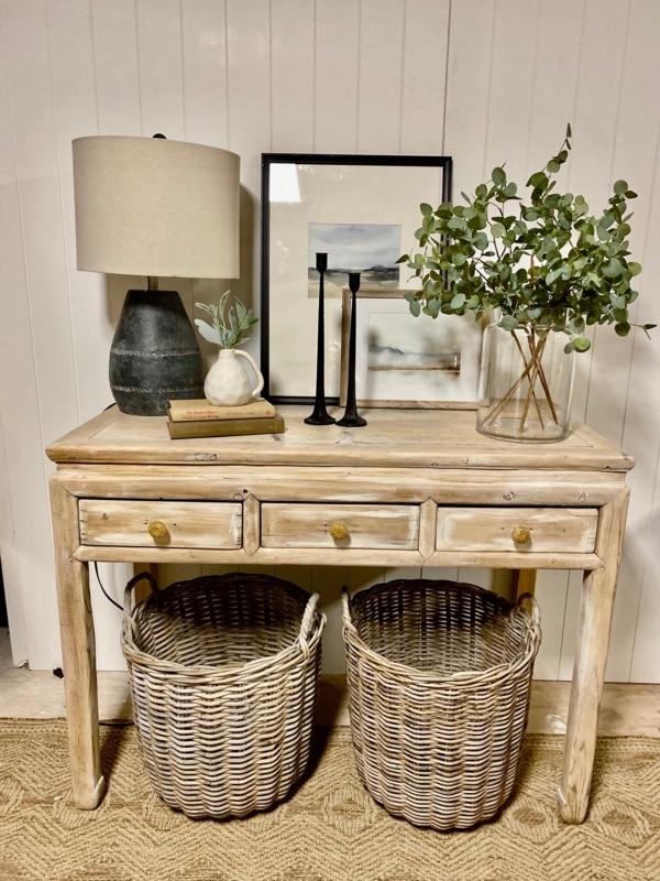 Console Table Whitewashed Finish Gold Knob Accents 3 Drawers