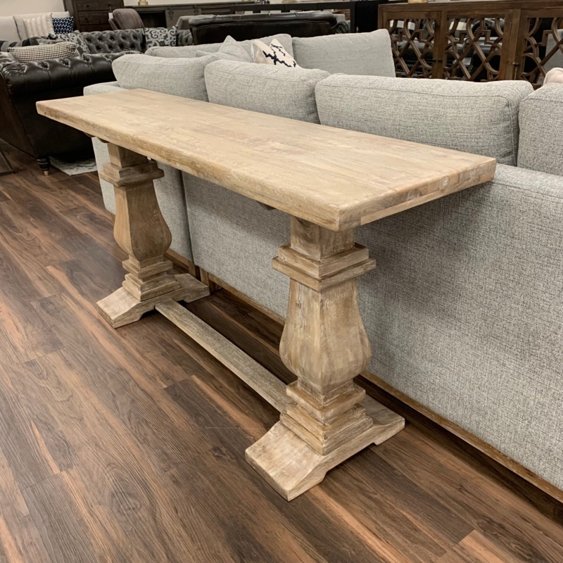 Console Table Whitewashed Pedestal Legs Rustic Farmhouse Behind Sofa