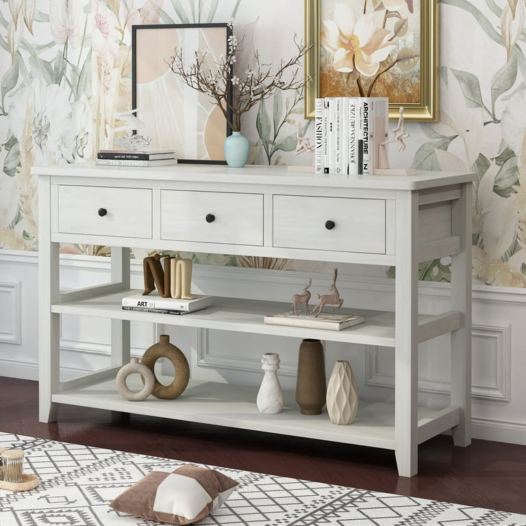 Console Table Whitewashed Three Tier Storage with Drawers
