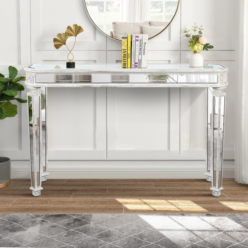 Console Table Whitewashed Wood Carved Mirrored Panels