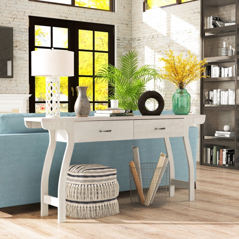Console Table Whitewashed Wood Two Drawers Curved Legs