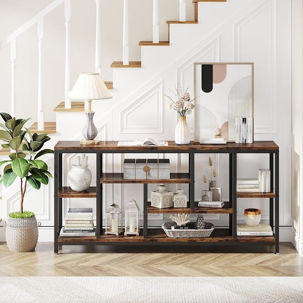 Console Table with Asymmetrical Shelving in Wood and Metal