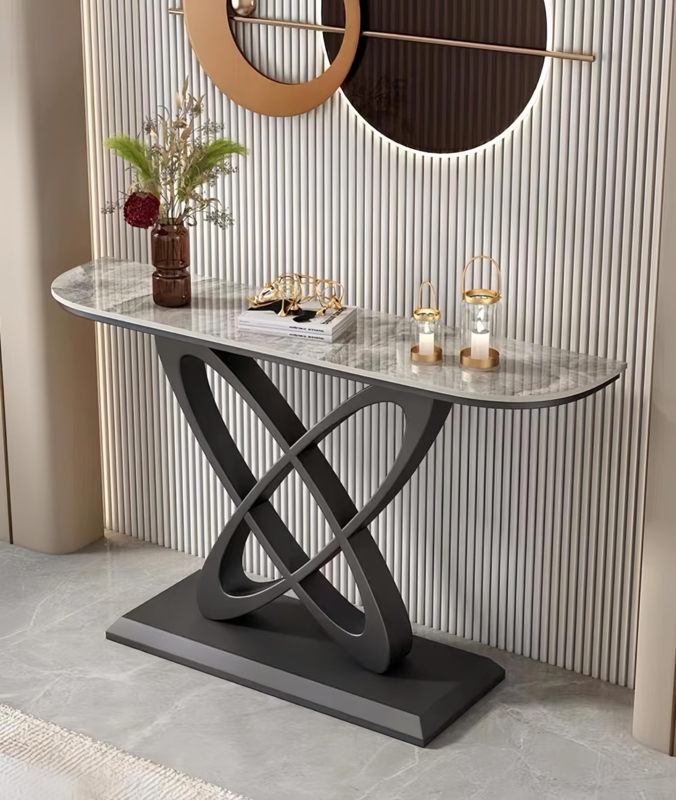 Console Table with Butterfly Shape Base, Black Finish, Semi-Circular Top.