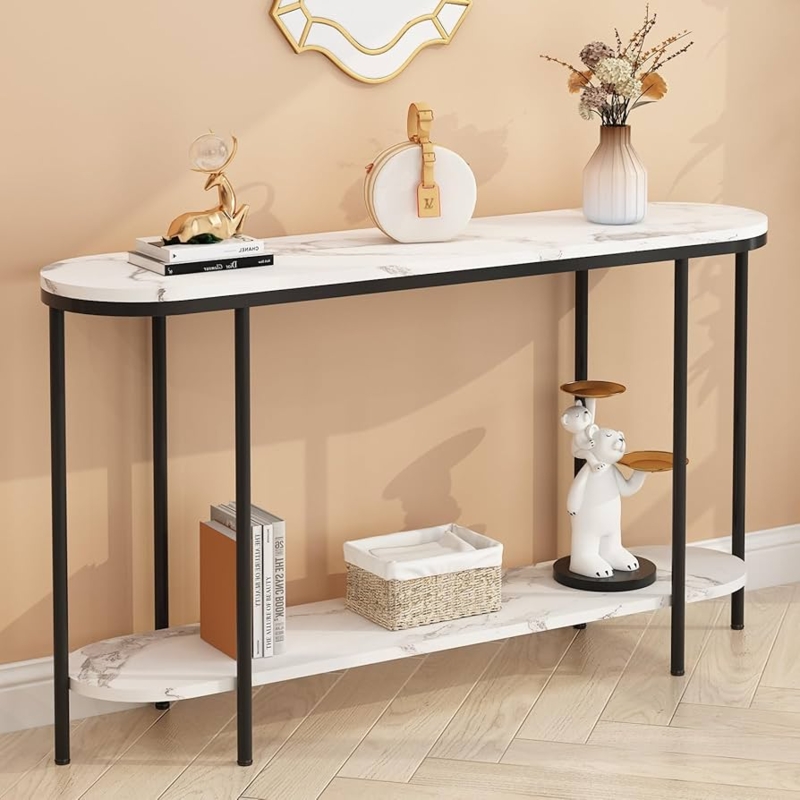 Console Table with Capsule Shape, Faux Marble Tiers, Slim Black Frame