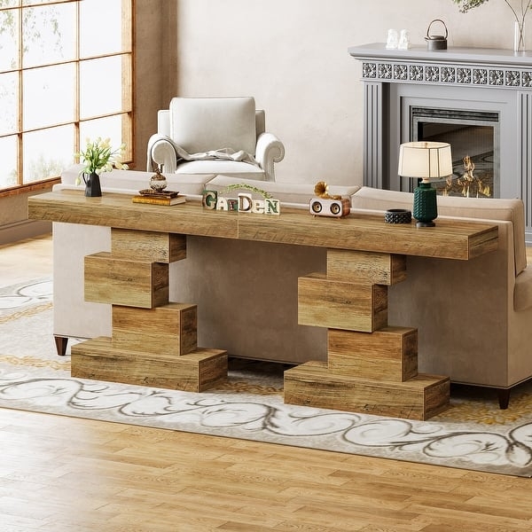 Console Table with Extra Long Profile, Geometric Sculptural Legs, Rustic