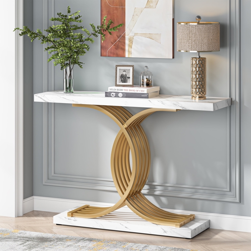 Console Table with Faux Marble Tiers, Sculptural Base, Glam Style.