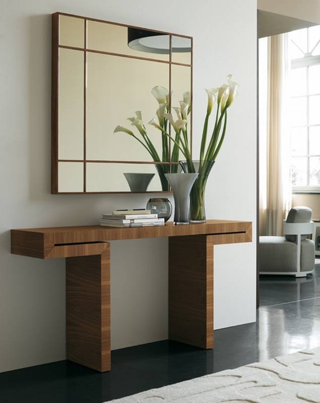 Console Table with Folded Legs, Mitered Corners, Wood Toned Finish.