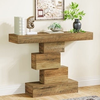 Console Table with Geometric Pedestal Base, Matte Wood Grain Finish