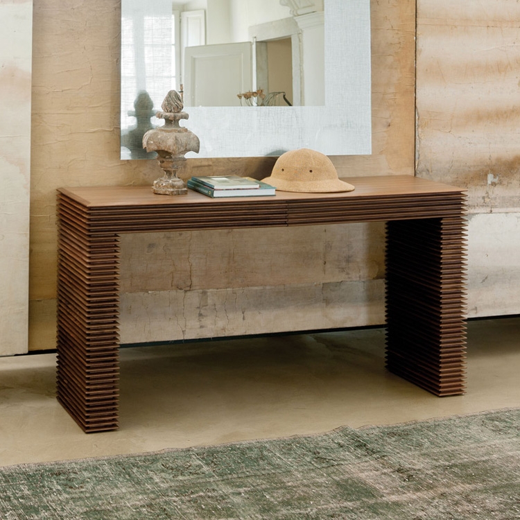 Console Table with Horizontal Slats, Waterfall Edge, Wood Toned Finish.