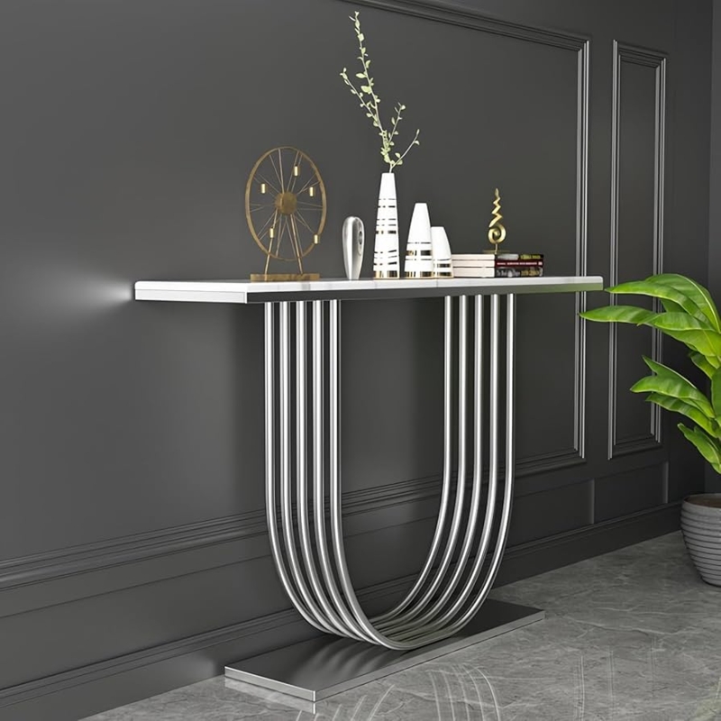Console Table with Multi-Rod Base, White Marble Look, Silver Finish.